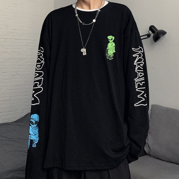 Siyah Sonbahar Hip Hop T Shirt Erkekler Sıradan Erkek Japonya Serin Tshirt Sokak Giyim Uzun Kollu Komik Gotik T gömlek Serin Oneck Tops 220608