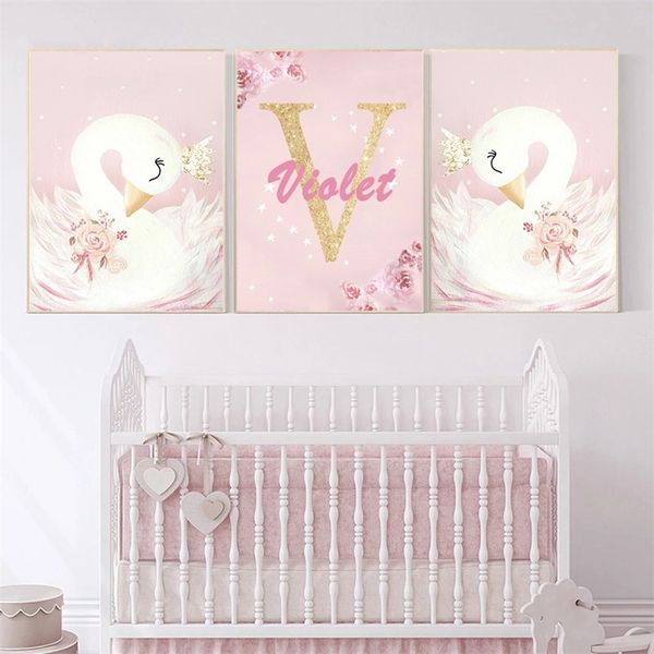 Personalisierte Babynamen-Poster, individuelles Kinderzimmer, rosa für Mädchen, Schlafzimmer, Leinwandgemälde, Schwan-Cartoon, Kinder-Wandbilder, Kunst 220614