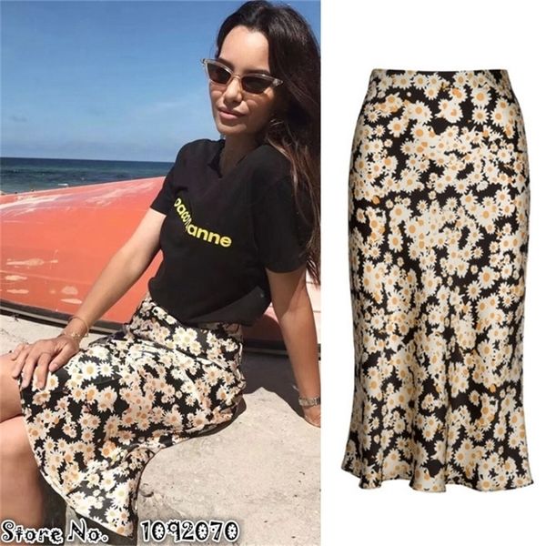 Женщины эластичная полоса талии 34 длина 100% шелк Silk Satin The Naomi Flower Power The Naomi Slip Skirt T200113