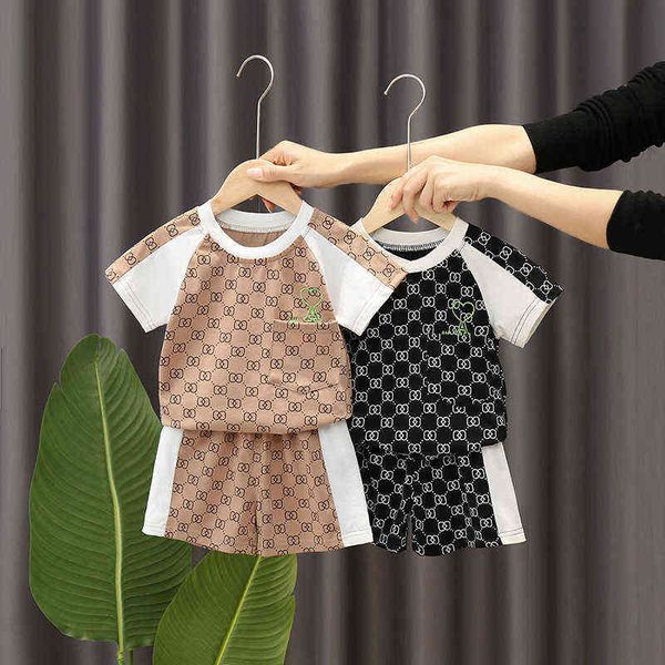 

children's clothing children's aop color blocking round neck short sleeve casual shorts two pieces 2022 summer suit, White