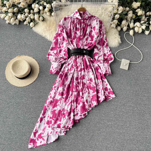 

casual dresses irregular half high neck lace up waist pleated dress korean style printed super fairy seaside resort beach skirt mjcl, Black;gray