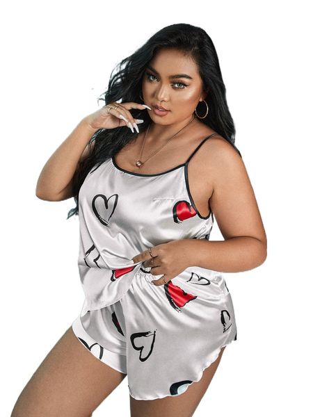 

plus heart print contrast binding cami satin pj set d7qj#, Black;white