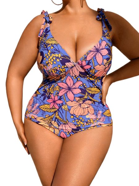 

plus floral print one piece swimsuit e8f9#, White;black