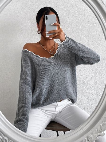 

drop shoulder scallop trim sweater e1f5#, White;black