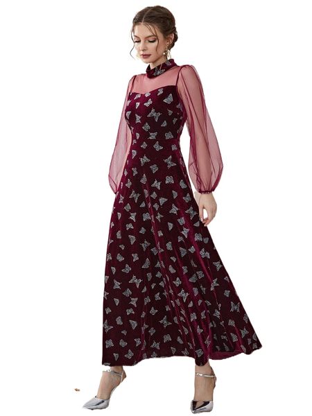 

butterfly print contrast mesh lantern sleeve velvet dress m76r#, Black;gray
