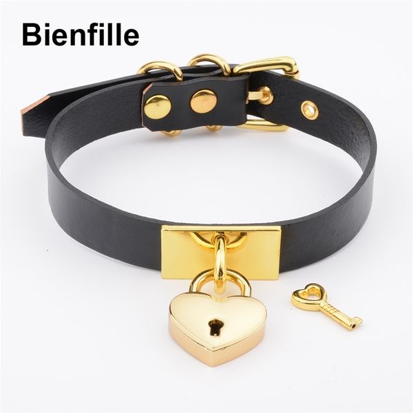 

kawaii wholesale locket love heart collar harajuku real leather necklace for women girl gold punk choker 220817, Golden;silver