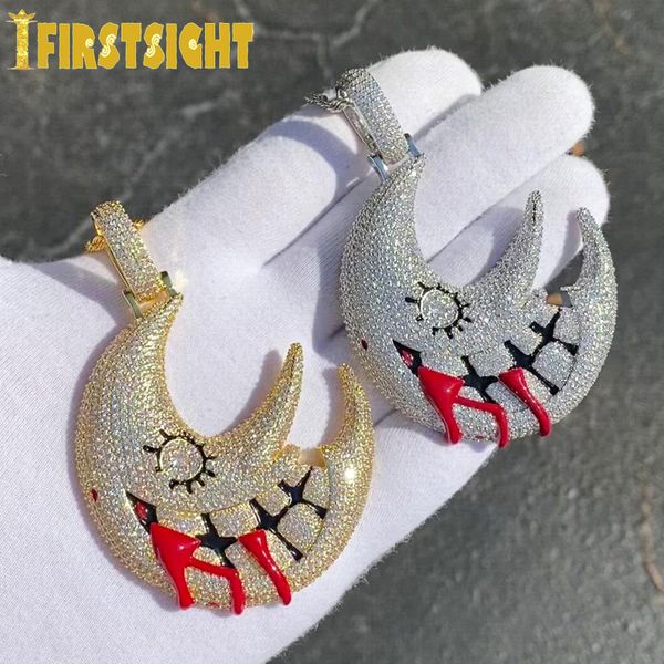 

hbp iced out bling big cz moon mouth pendant necklace silver color cubic zircon red drops lips charm hip hop men women jewelry 220807