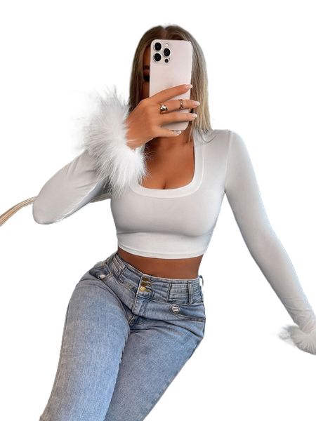

fuzzy cuff scoop neck crop tee g0lv#, White
