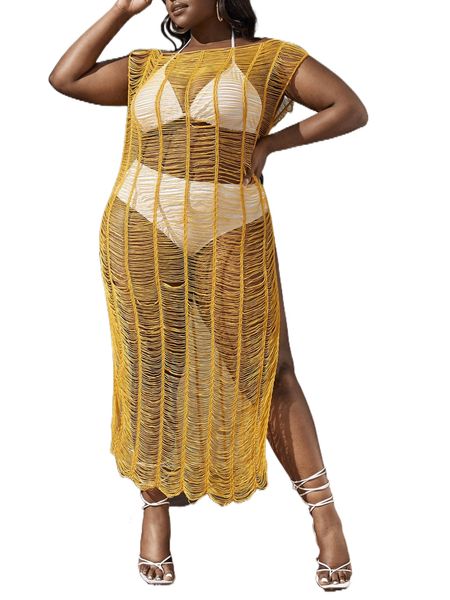 

plus open stitch split thigh cover up without bikini m3r9#, Black