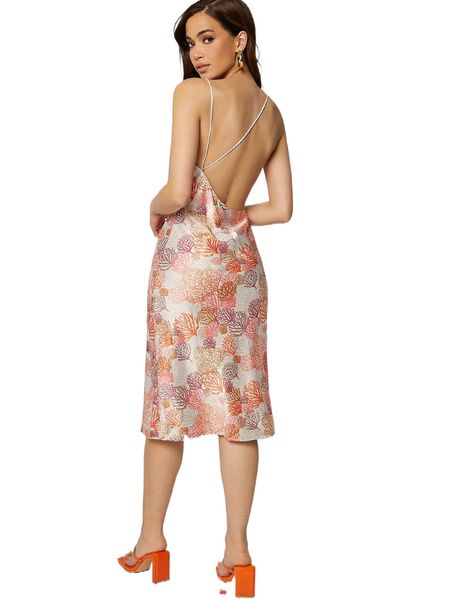 

bae plants print open back satin dress 274k#, Black;gray