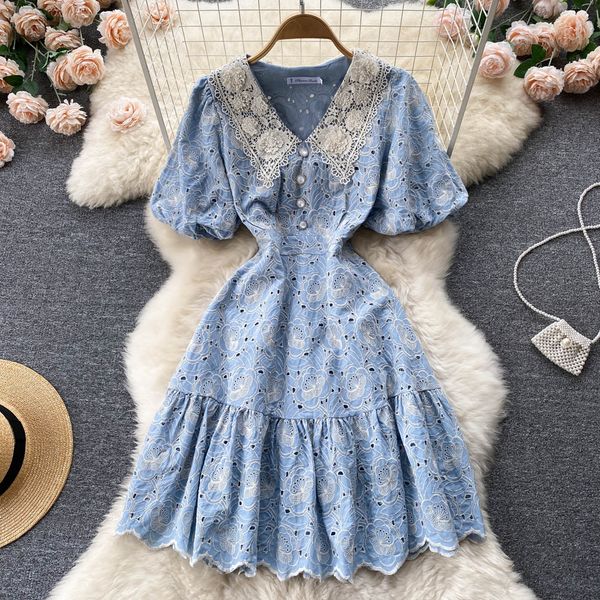 

fashion runway mini dress summer women's lace colalr puff sleeve hollow out embroidery ruffles hem slim elegant dresses 2022, Black;gray