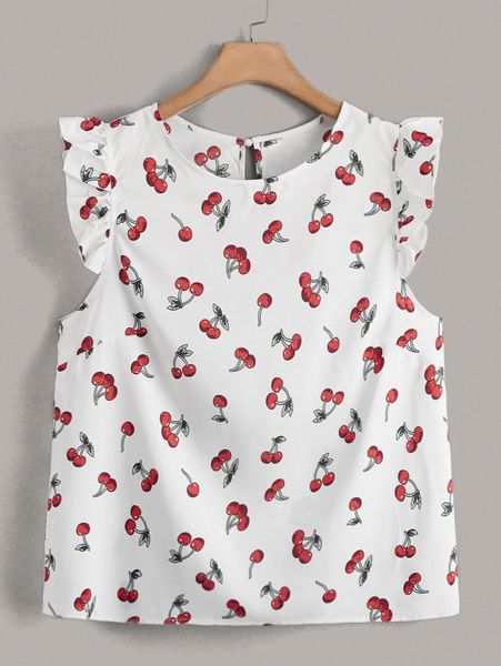 

plus cherry print butterfly sleeve blouse w7gp#, Black