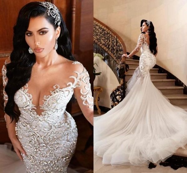 

2022 luxury arabic mermaid wedding dresses dubai sparkly crystals long sleeves bridal gowns court train tulle skirt robes bc3345, White