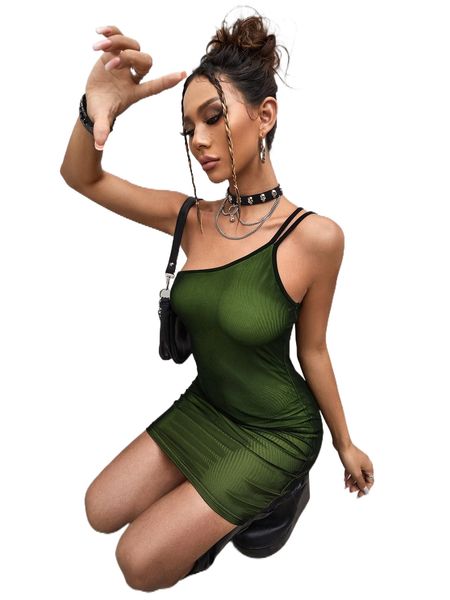 

one shoulder contrast binding mesh bodycon dress j6xf#, Black;gray