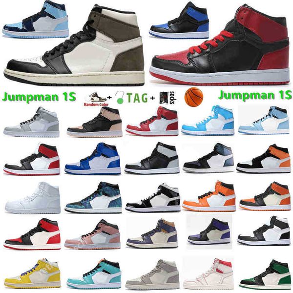 

2022 jumpman 1 1s basketball shoes university blue high dark mocha unc light smoke grey twist patent bred chicago men women sneakers, Black