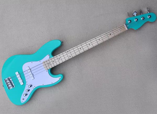 

4 strings blue electric bass guitar with maple fingerboard white pickguard