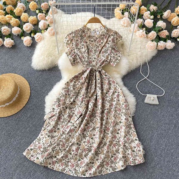 

casual dresses 2022 summer sweet and versatile stand collar lace up broken flower flying sleeves close waist thin gentle wind dress women 0c, Black;gray