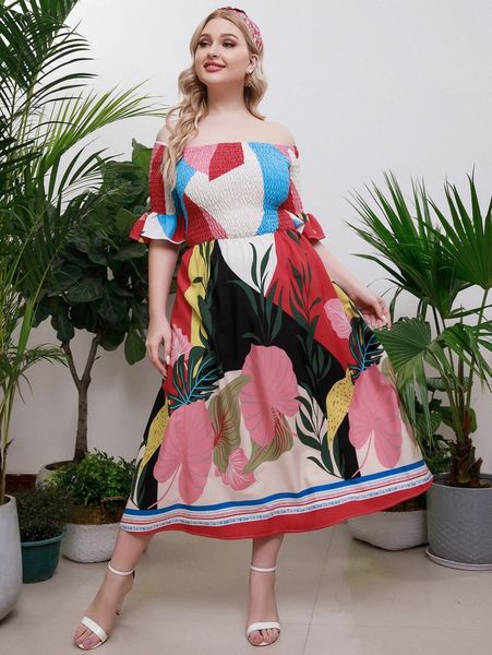 

plus floral print off shoulder shirred flounce sleeve dress w3y0#, Black