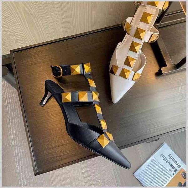 

sandals big willow nail baotou shoes sandals women's summer high heels thin heel pointed head wear fashion half support, Black