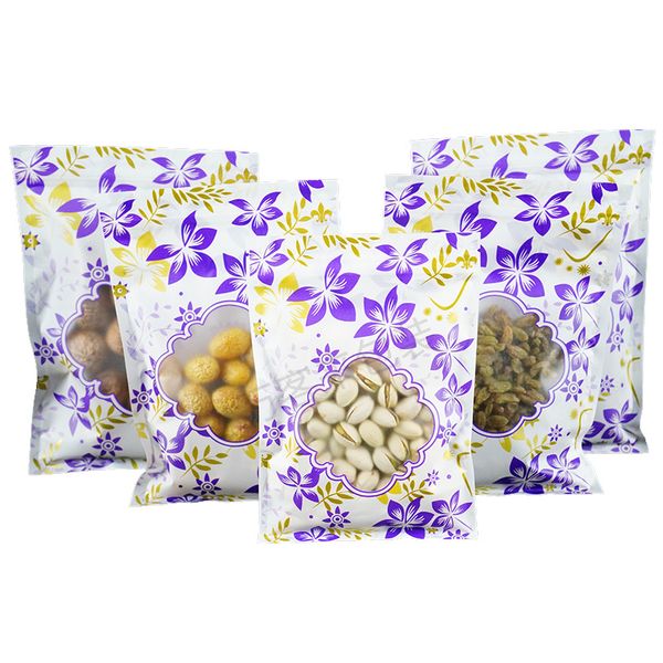 100 pçs / lote roxo impresso zíper top saco resealable plástico festa de alimentos para embalagem sacos de pacote de chá pacote de pacote com janela clara lz1824