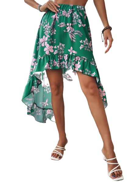 

floral ruffle high low hem skirt g9xe#, Black