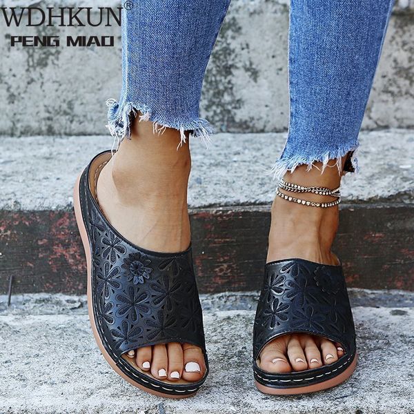 

summer women wedge sandals premium orthopedic open toe vintage anti slip leather casual female platform retro shoes 220602, Black