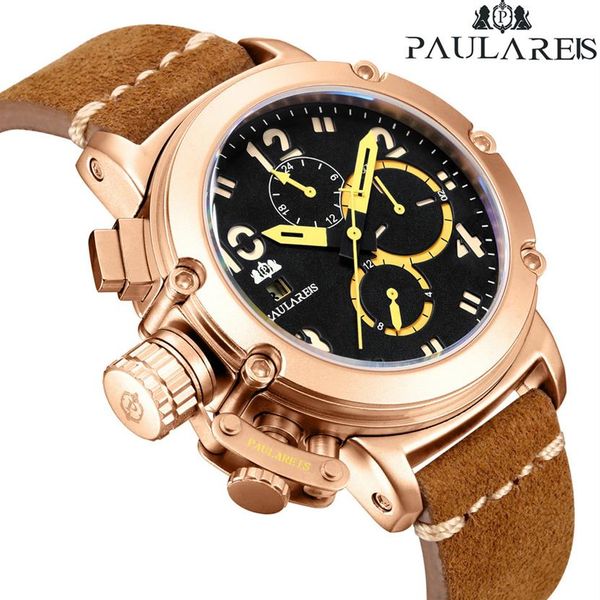 

men automatic self wind mechanical genuine brown leather multifunction date boat month luminous limited rose gold bronze u watch l268p, Slivery;brown