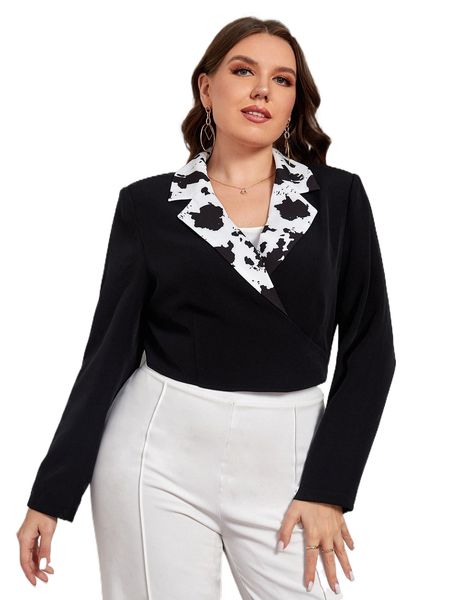 

x sunni nichole designs plus cow print lapel collar cut out tie back jacket j0fl#, Black