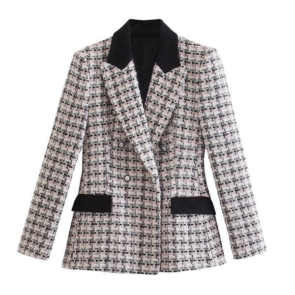 

women's jacket fashion double breasted tweed check blazer coat vintage long sleeve pockets female outerwear chic jacket 220402, White;black