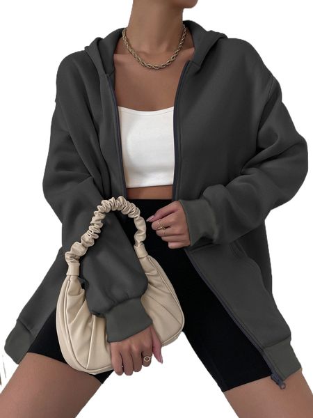 

solid drop shoulder zip up thermal hoodie j445#, Black