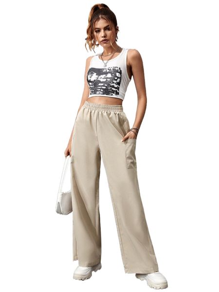 

pocket patched wide leg pants 34tm#, Black;white
