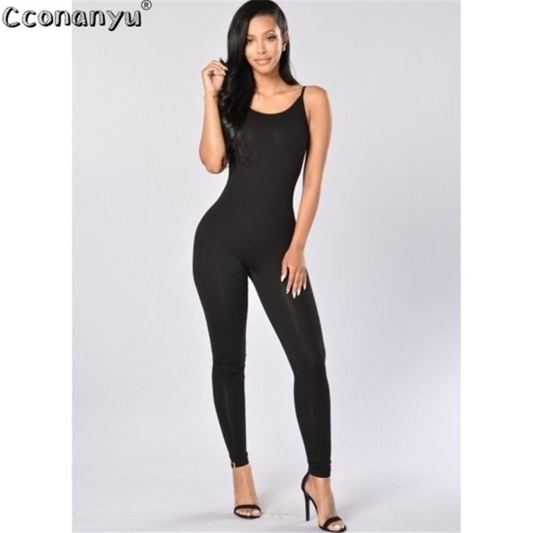 

long jumpsuit for women summer round neck sleeveless jumpsuits backless sportswear slim solid color bodycon jumpsuits y200106, Black;white