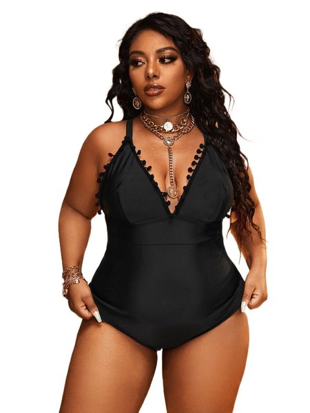 

plus pompom trim crisscross back one piece swimsuit i1t3#, White;black