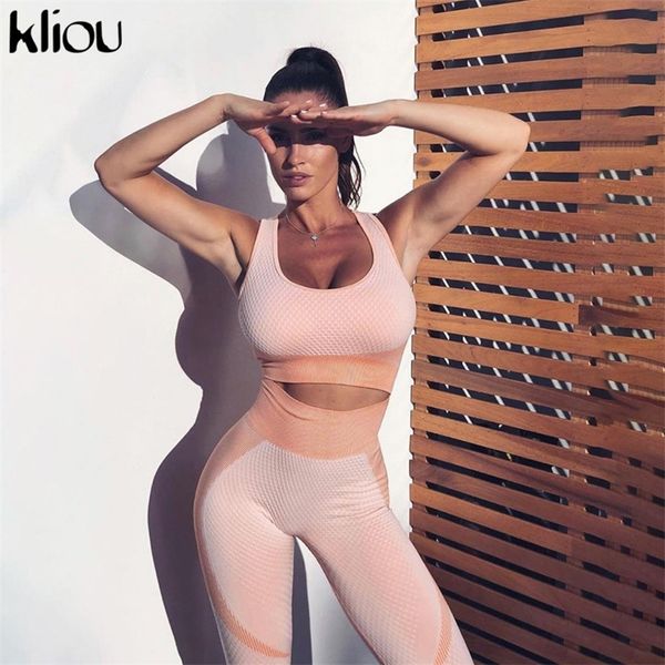

kliou women fitness two pieces set active wear backless crop bra elastic high waist leggings skinny slim tracksuit outfit t200826, Gray