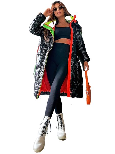 

color-block trim patched hooded puffer coat d27p#, Black