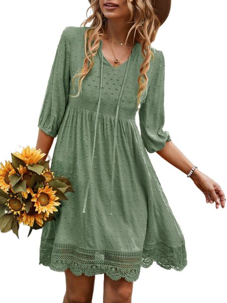 

swiss dot tie neck guipure lace hem dress o5o2#, Black;gray