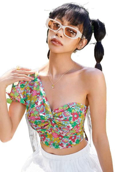 

allover floral print twist one shoulder tie back puff sleeve blouse m4wt#, White