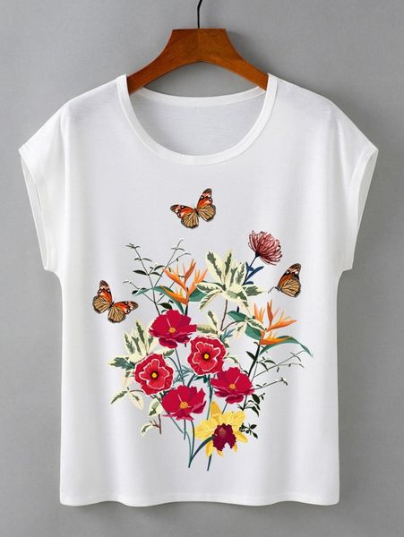 

floral & butterfly print batwing sleeve tee e2il#, White