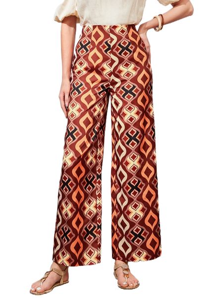 

allover geo print wide leg pants 53ee#, Black;white