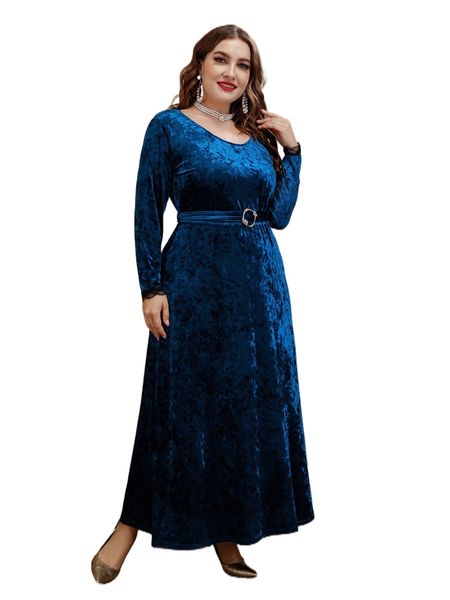 

plus eyelash lace trim belted velvet dress g1wj#, Black