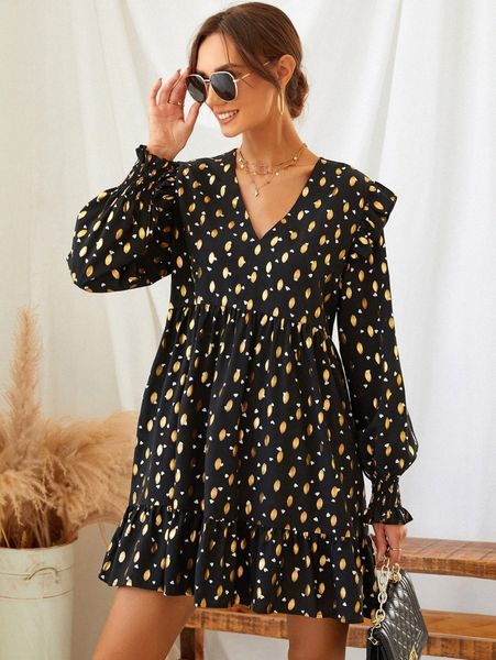 

allover print shirred ruffle hem dress n204#, Black;gray