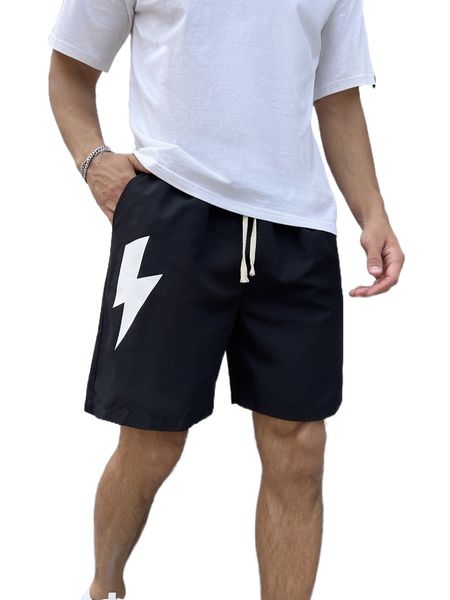 

men lightning print drawstring waist shorts s9ih#, White;black