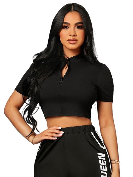 

sxy half zip ribbed knit crop tee q9ha#, White