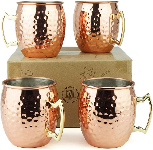 Moscow Mule Tassen, große Größe, 530 ml, gehämmerte Tassen, Edelstahlfutter, reine Kupferbeschichtung, vergoldete Messinggriffe, 9,4 cm Durchmesser x 10,2 cm hoch, C0630 x 12