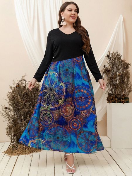 

plus mandala print high waist a-line dress m3mg#, Black