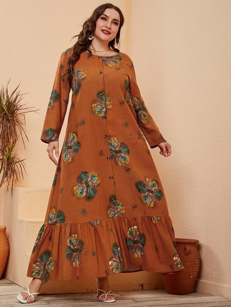 

plus floral print ruffle hem smock dress w4cs#, Black