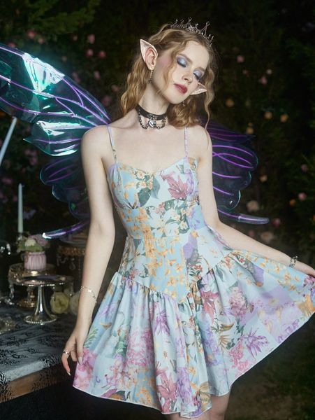 

romwe fairy grunge floral print ruffle hem cami dress 36j3#, Black;gray