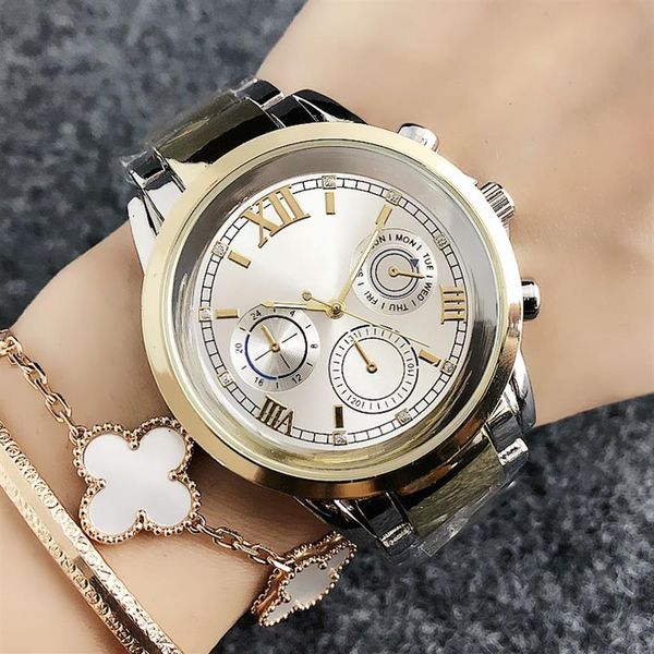 

fashion brand wrist watch for women's girl 3 dials style steel metal band quartz watches tom 6766235f, Slivery;brown