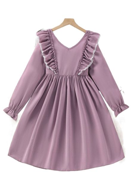 

girls ruffle trim flounce sleeve dress o8bz#, Black;white