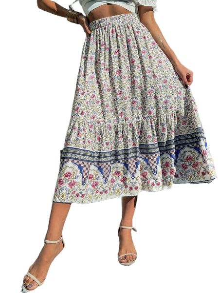 

high waist allover floral print ruffle hem skirt p0gk#, Black